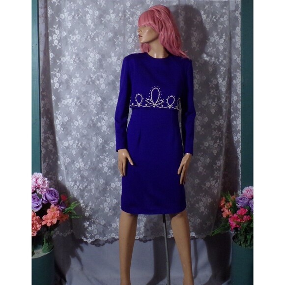 Vintage 80s Cocktail Dress 1980s Purple New Wave Retro Long Sleeve Size Small - Picture 2 of 6